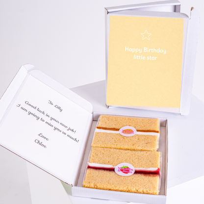 happy birthday little star cake card with personalised message and vanilla sponge slices letterbox gift UK