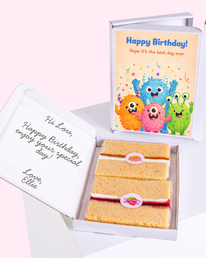 birthday cake card gift box with cute colorful monster design and best day ever message, letterbox cake slices inside