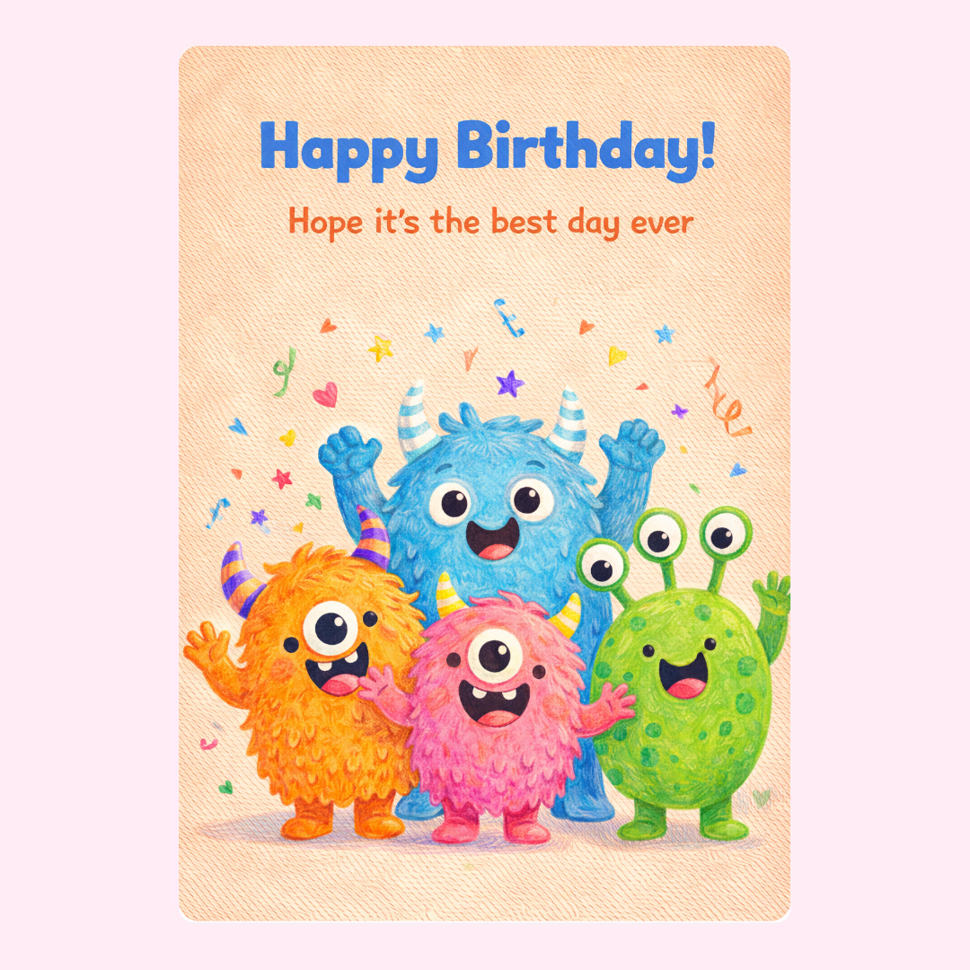 happy birthday card with cute colorful monster characters and hope it's the best day ever message on textured background
