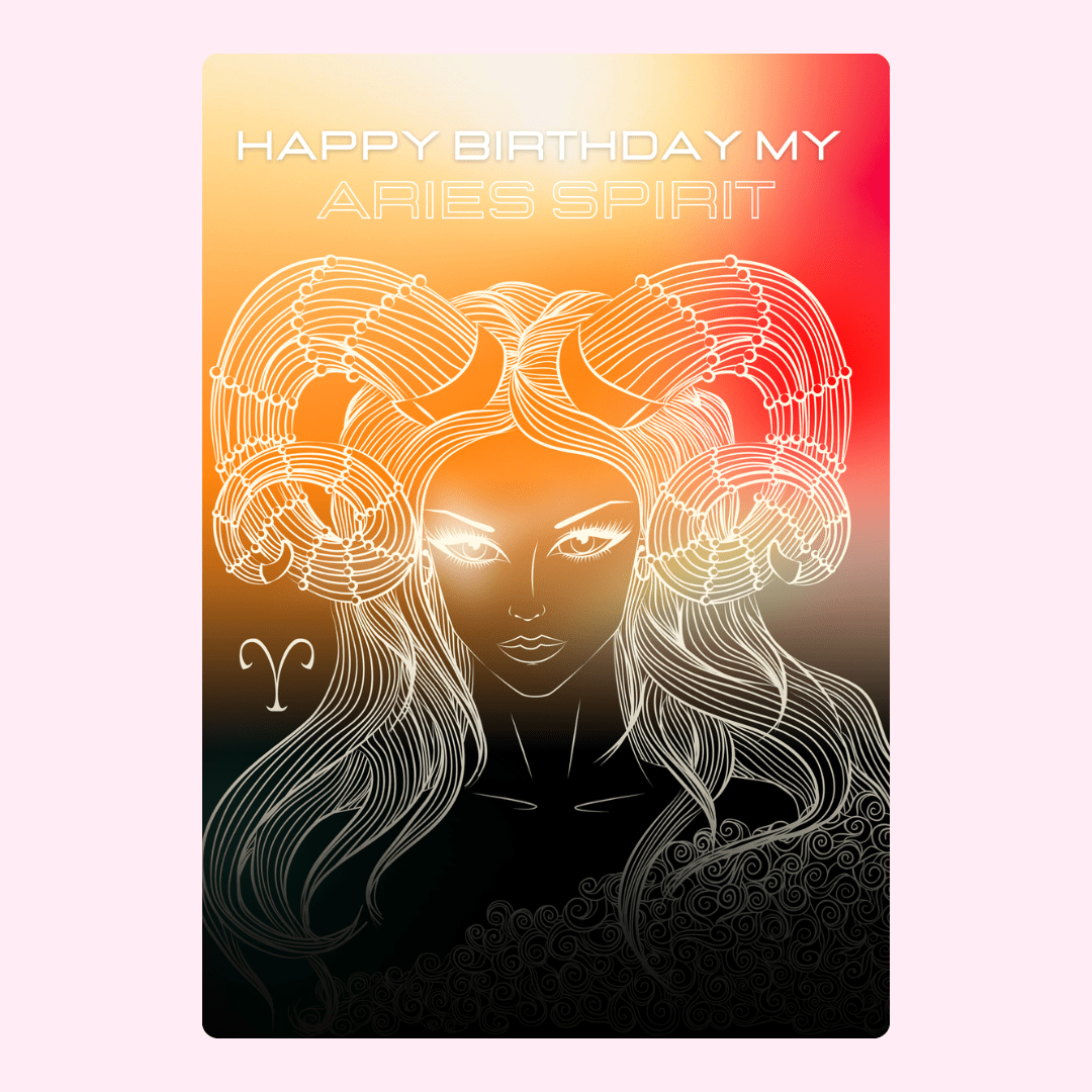 Aries zodiac birthday card with celestial feminine artwork and modern Aries spirit illustration