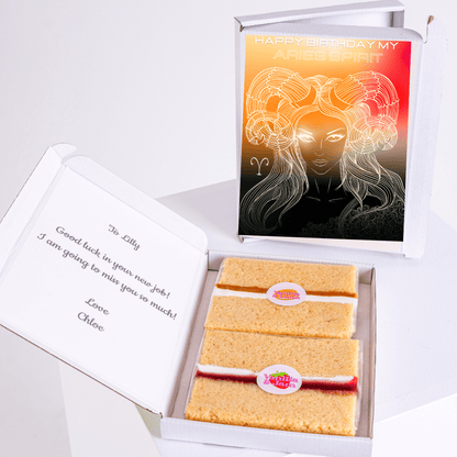 Aries birthday cake gift box with glowing Aries woman illustration and horoscope inspired birthday design