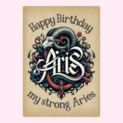 Artistic Aries zodiac birthday card with ornate ram illustration and vintage inspired Aries design