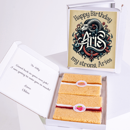 Aries birthday cake gift box with detailed ram artwork and gothic style Aries birthday typography