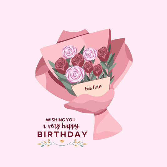 Happy birthday Nan card design with pink flower bouquet and wishing you a very happy birthday message
