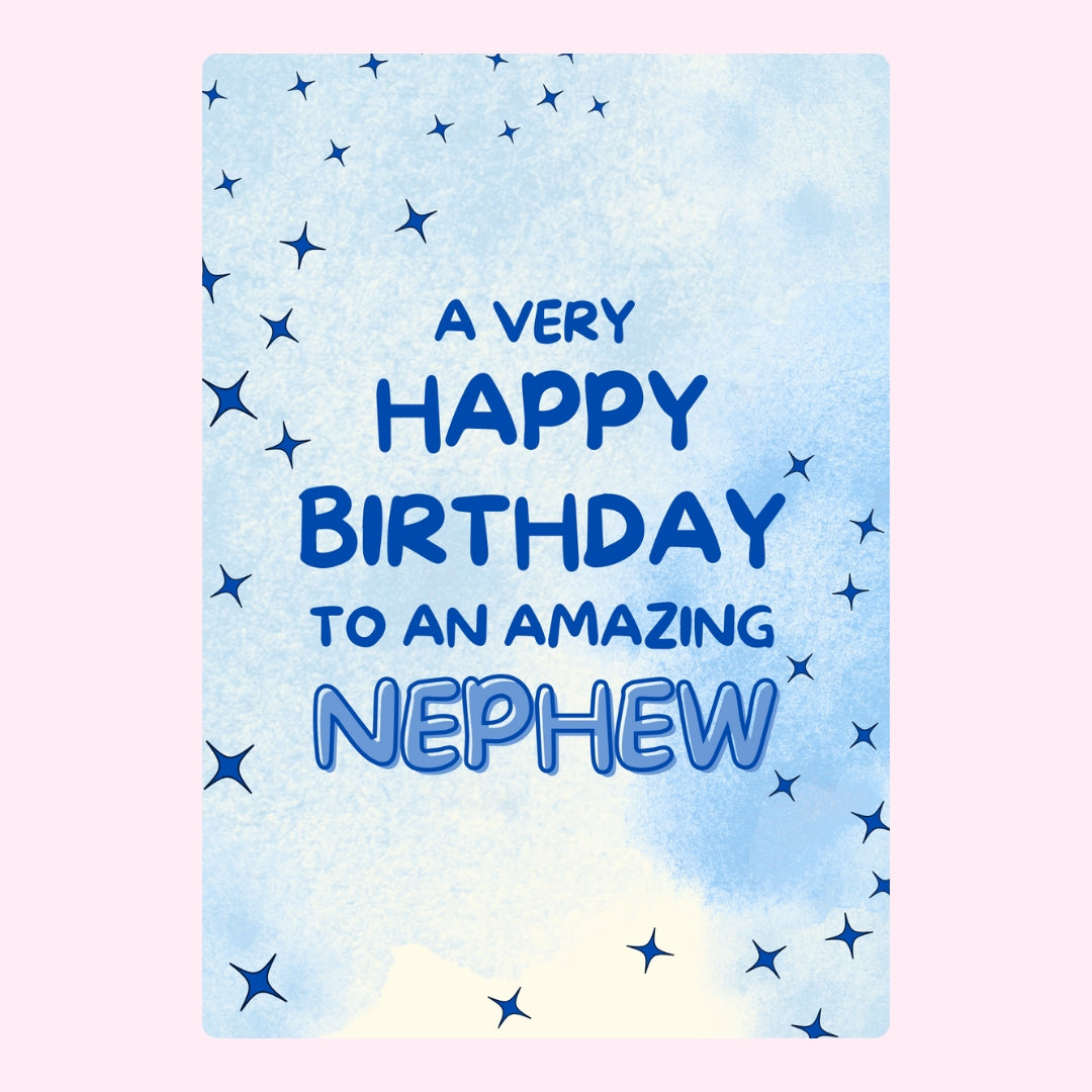 Blue happy birthday nephew card with watercolor background and star details
