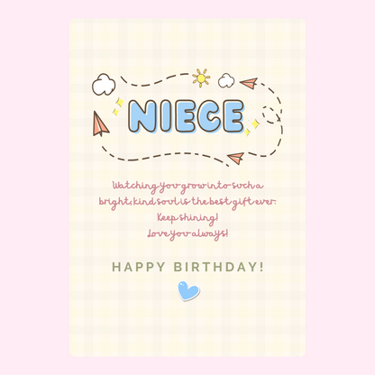 Pastel happy birthday niece card with handwritten message and cute paper plane doodles