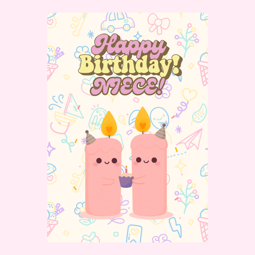 Cute happy birthday niece card with smiling candle characters and pastel party doodles