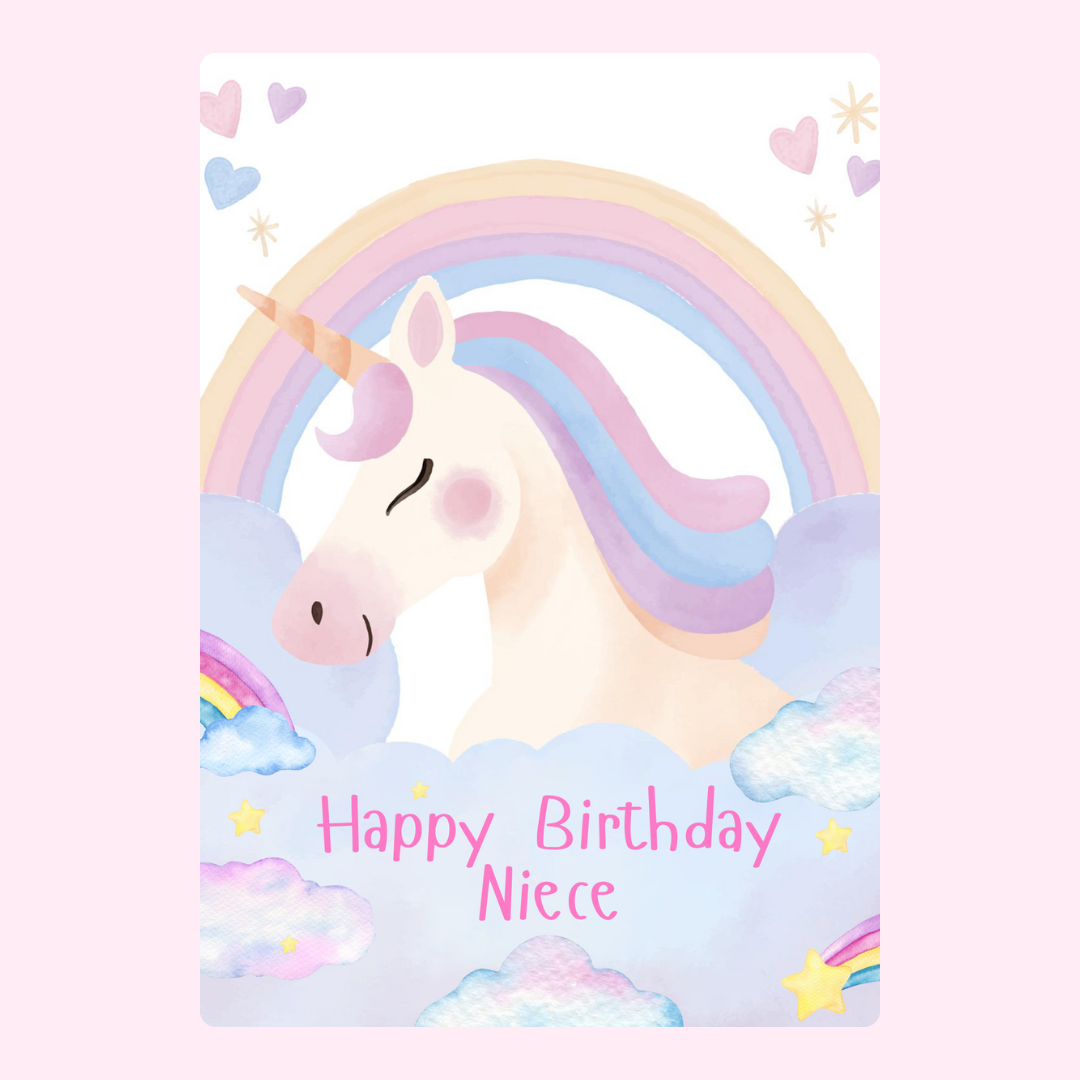 Pastel unicorn happy birthday niece card with rainbow, clouds and stars