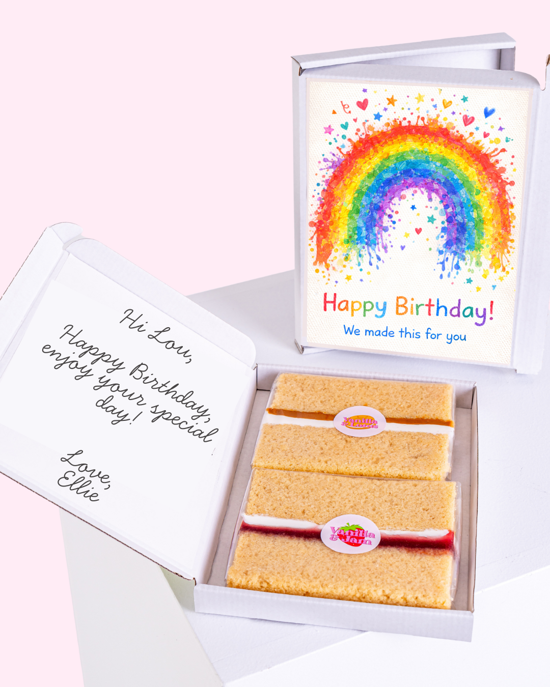 birthday cake card gift box with personalised message and colorful rainbow splash design, letterbox cake slices inside