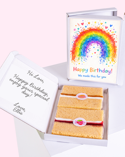 birthday cake card gift box with personalised message and colorful rainbow splash design, letterbox cake slices inside