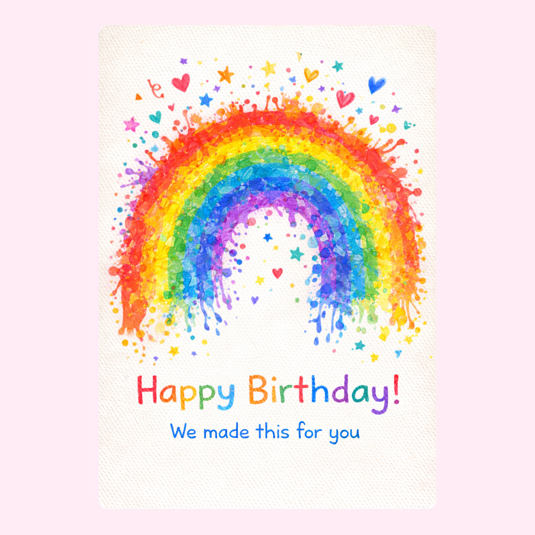 happy birthday card with vibrant rainbow paint splash design and we made this for you message on white background