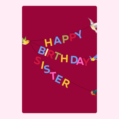 Happy Birthday sister card with colourful banner design