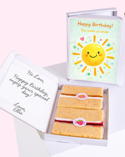 birthday cake card gift box with smiling sunshine design and you make us smile message, letterbox cake slices inside