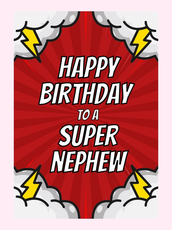 Comic style happy birthday super nephew card with red burst background and lightning bolts