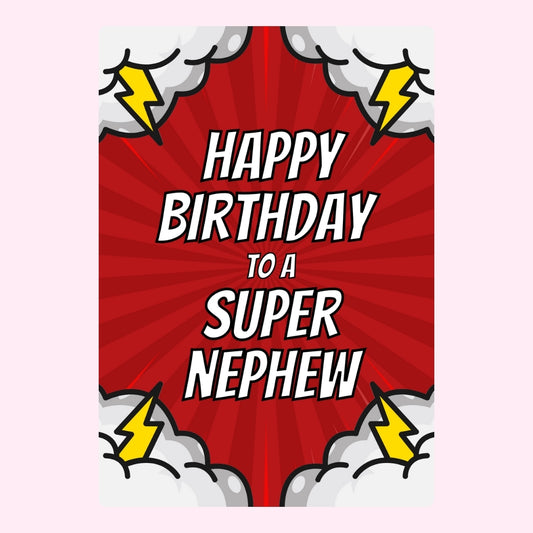 Comic style happy birthday super nephew card with red burst background and lightning bolts