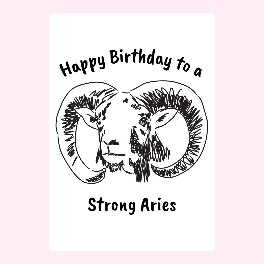 Minimal Aries zodiac birthday card with sketch style ram artwork and strong Aries typography