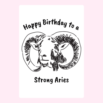 Minimal Aries zodiac birthday card with sketch style ram artwork and strong Aries typography