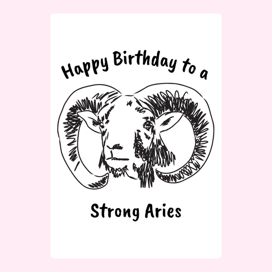 Minimal Aries zodiac birthday card with sketch style ram artwork and strong Aries typography