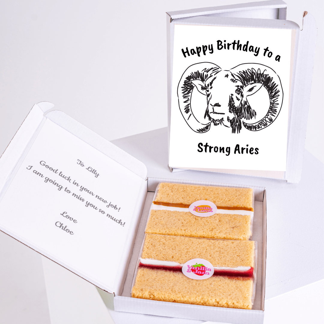 Aries birthday cake gift box with hand drawn ram illustration and strong Aries birthday message