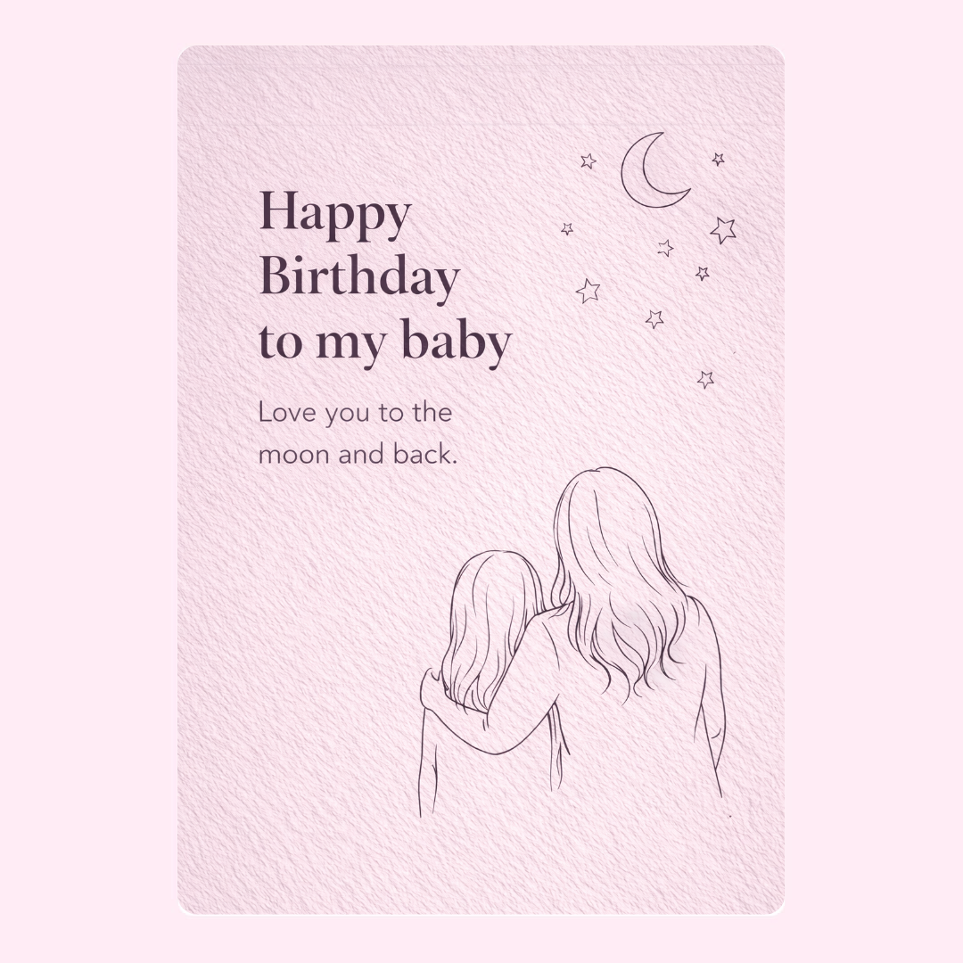 happy birthday to my baby card with mother and child illustration