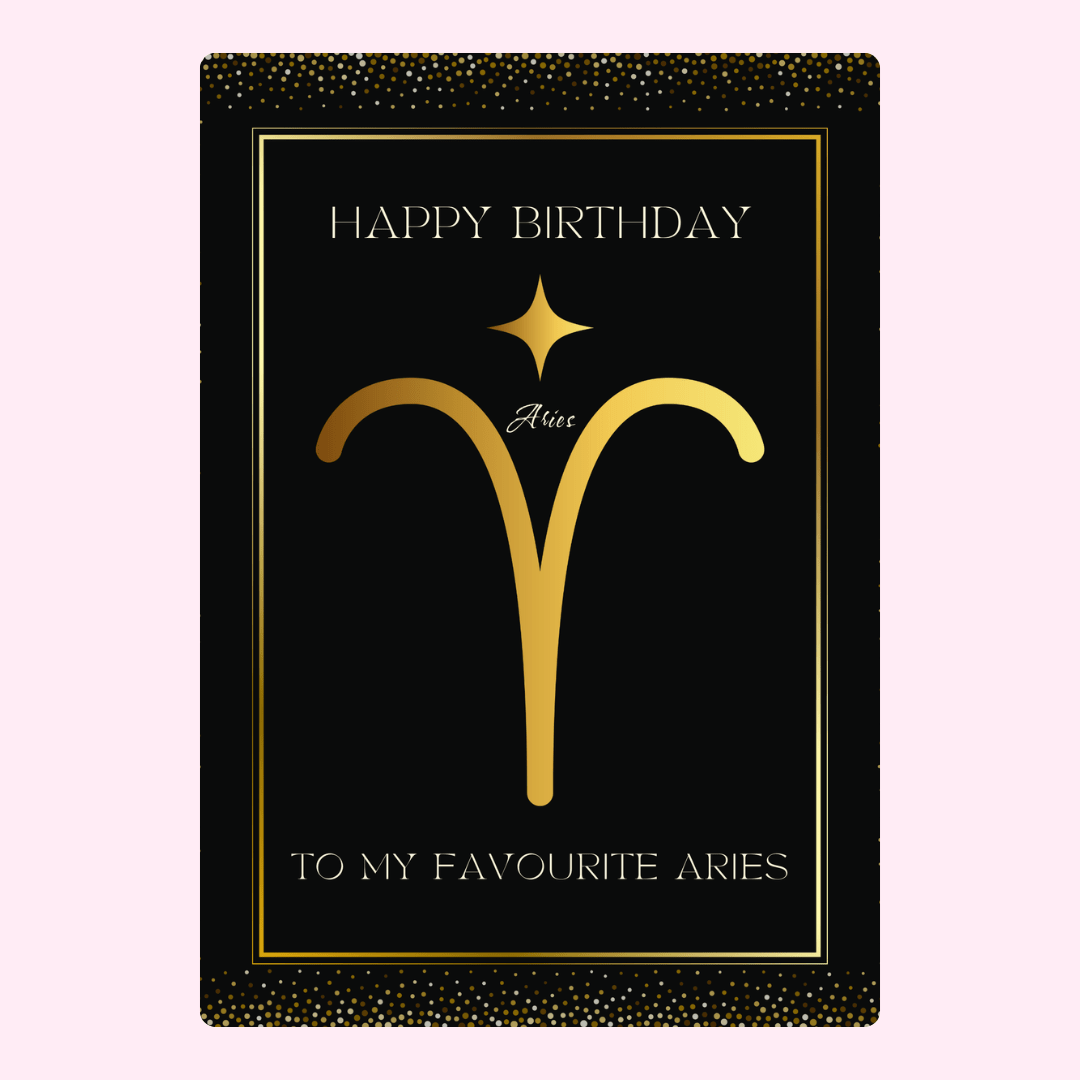 Elegant Aries zodiac birthday card with gold horoscope symbol and luxury black birthday design
