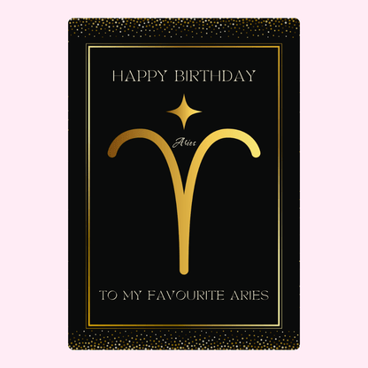 Elegant Aries zodiac birthday card with gold horoscope symbol and luxury black birthday design