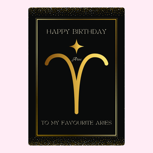 Elegant Aries zodiac birthday card with gold horoscope symbol and luxury black birthday design