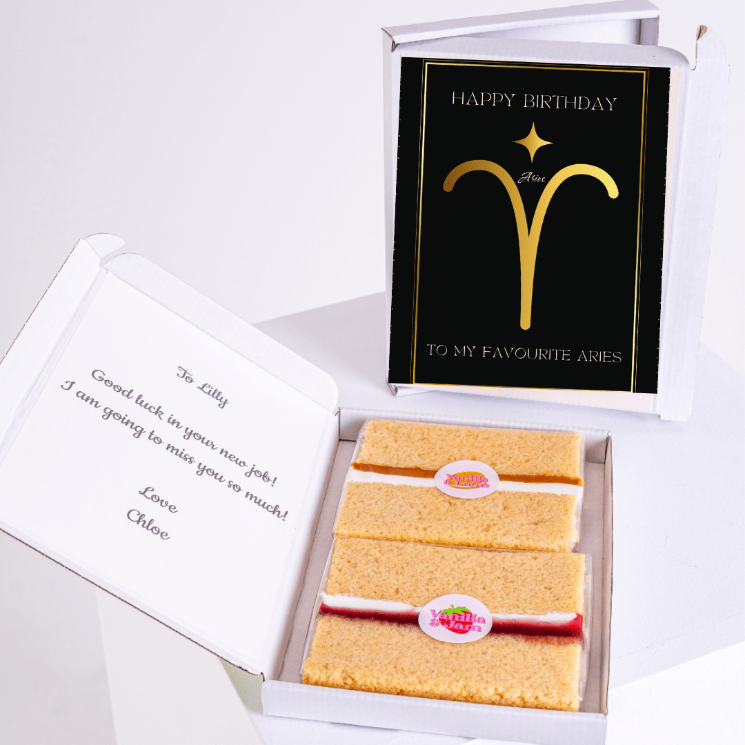 Luxury Aries birthday cake gift box with elegant gold Aries zodiac symbol on black background
