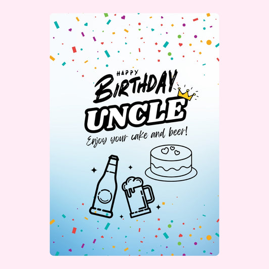  Happy Birthday Uncle edible cake card design with cake and beer illustration