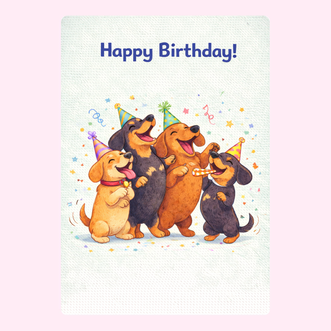 Cute dogs wearing party hats on happy birthday greeting card