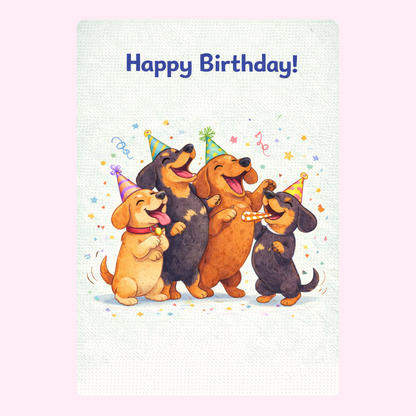 Cute dogs wearing party hats on happy birthday greeting card