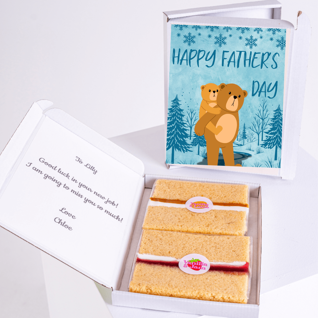 Father's Day gift box featuring cute papa and baby bear cake card in a winter woodland scene