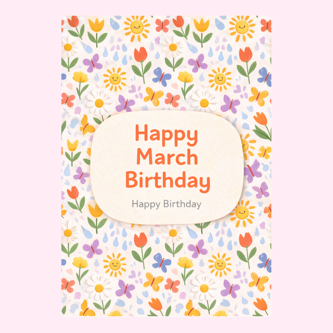 Colorful Happy March Birthday edible cake card with floral and butterfly pattern design
