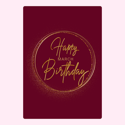 Elegant Happy March Birthday card with gold script typography on deep burgundy background