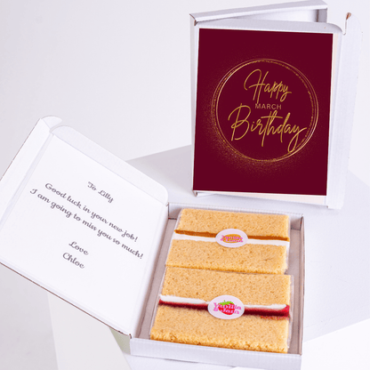 Happy March Birthday cake gift with gold typography, personalised message and sponge cake slices