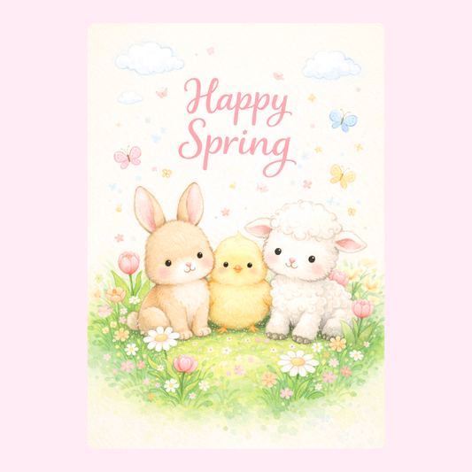 Cute spring greeting card featuring bunny, chick, lamb, butterflies and pastel flowers with Happy Spring text