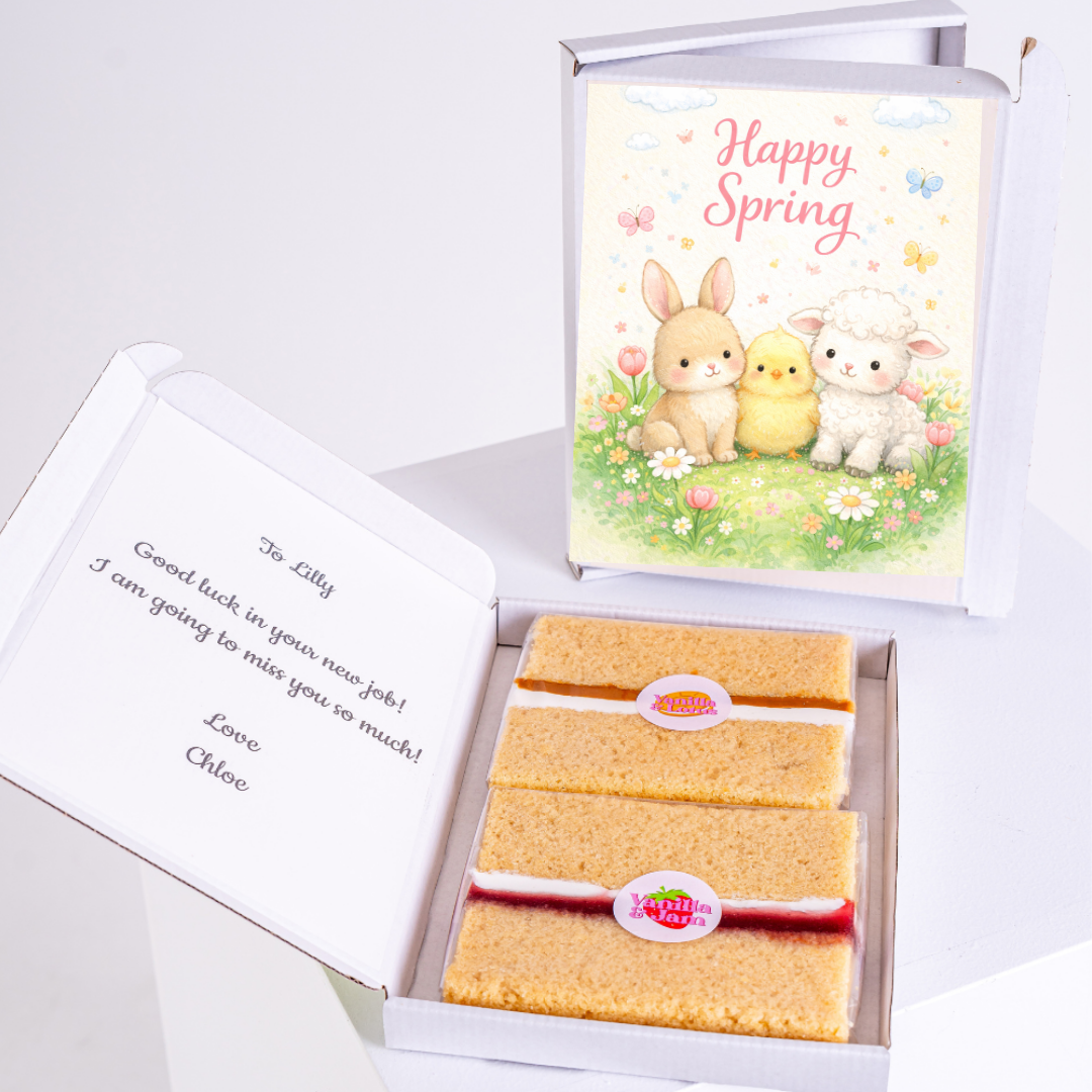 Spring themed cake gift box with cute bunny, chick and lamb illustration and Happy Spring message
