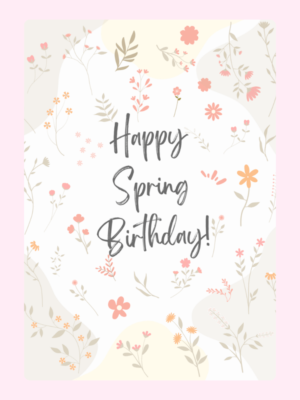 Minimal Happy Spring Birthday greeting card with pastel floral pattern and modern botanical illustration