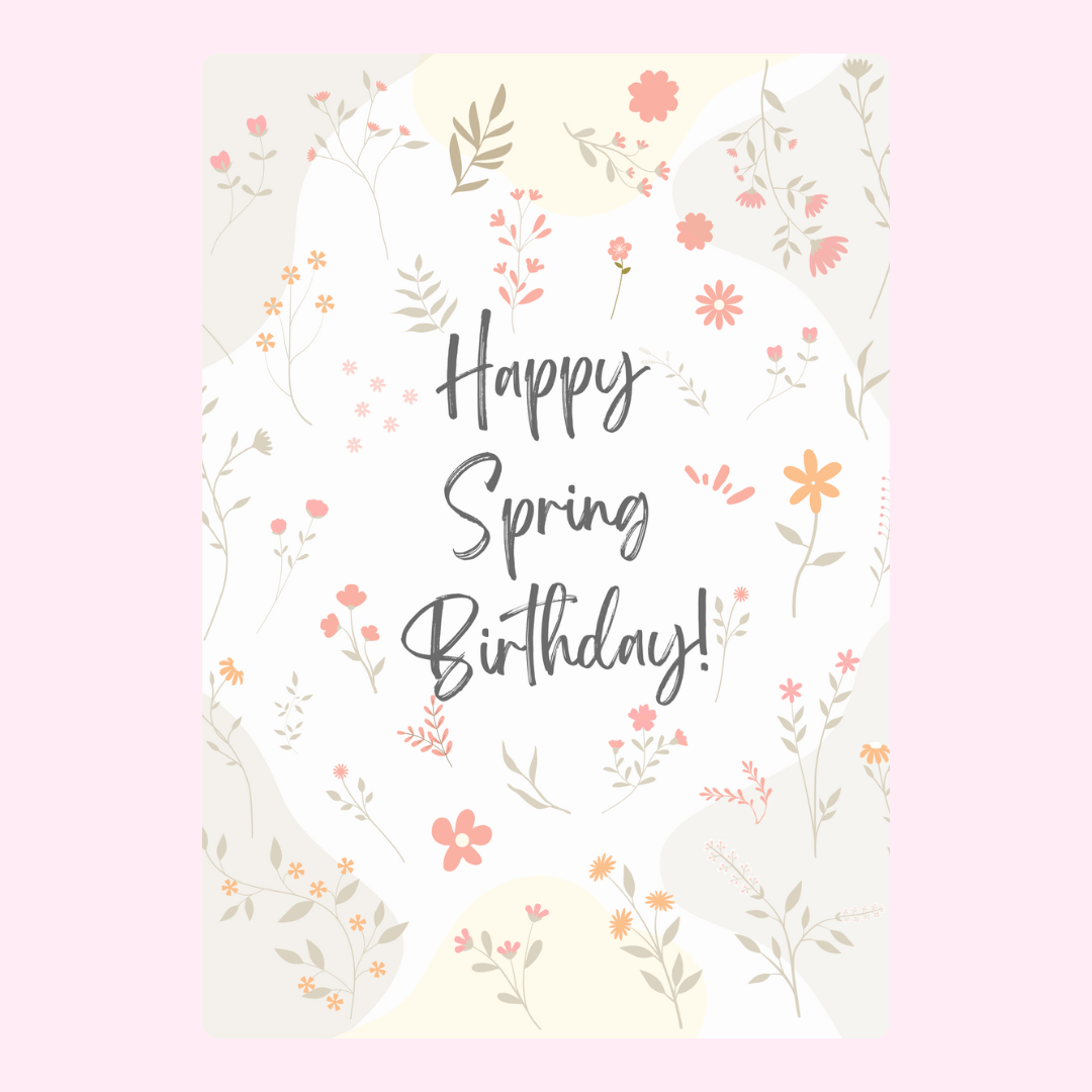 Minimal Happy Spring Birthday greeting card with pastel floral pattern and modern botanical illustration