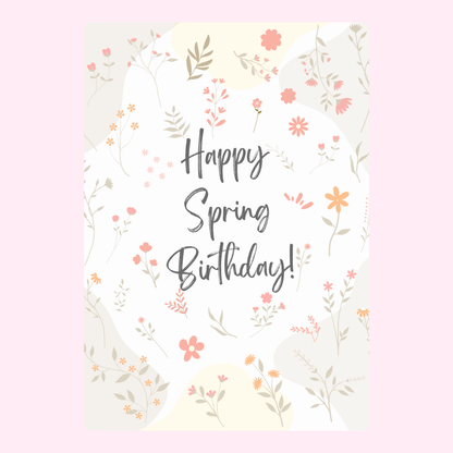 Minimal Happy Spring Birthday greeting card with pastel floral pattern and modern botanical illustration