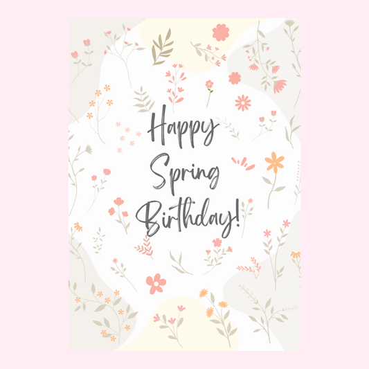 Minimal Happy Spring Birthday greeting card with pastel floral pattern and modern botanical illustration