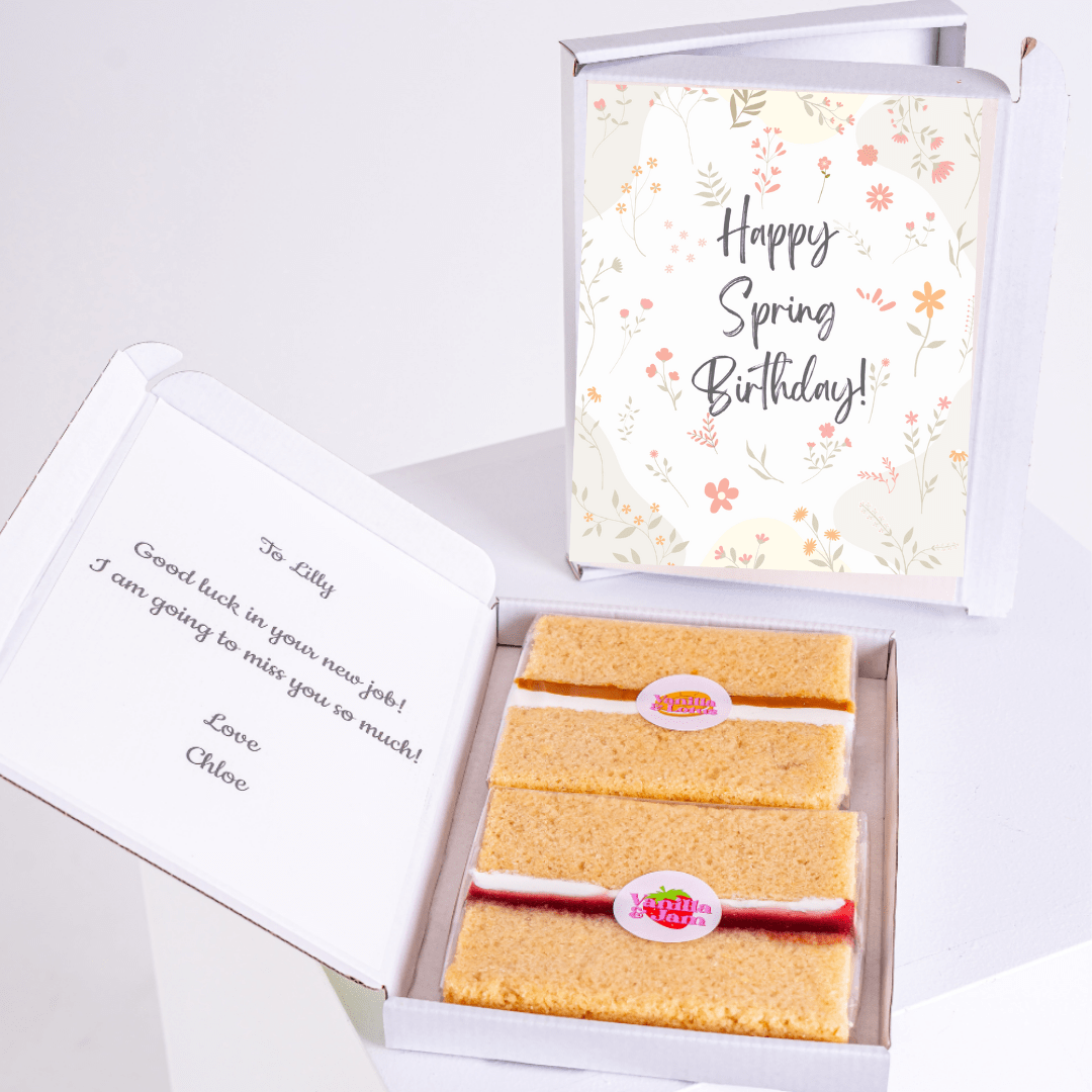 Happy Spring Birthday cake gift box with soft pastel botanical flowers and elegant seasonal design