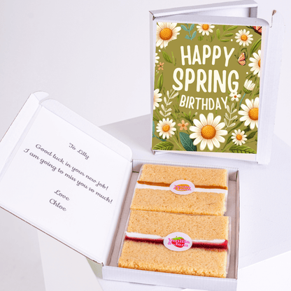 Happy Spring Birthday cake gift box with white daisies, green floral background and butterfly illustration