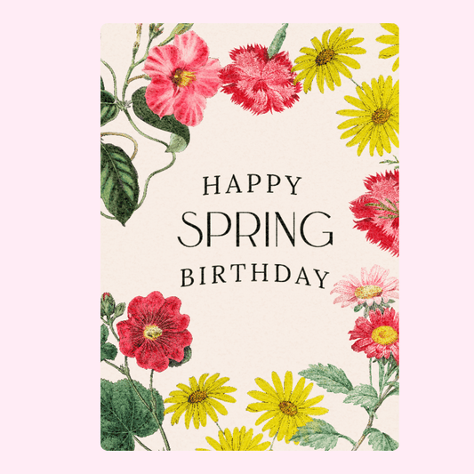 Elegant Happy Spring Birthday greeting card with vintage botanical flowers and seasonal floral design