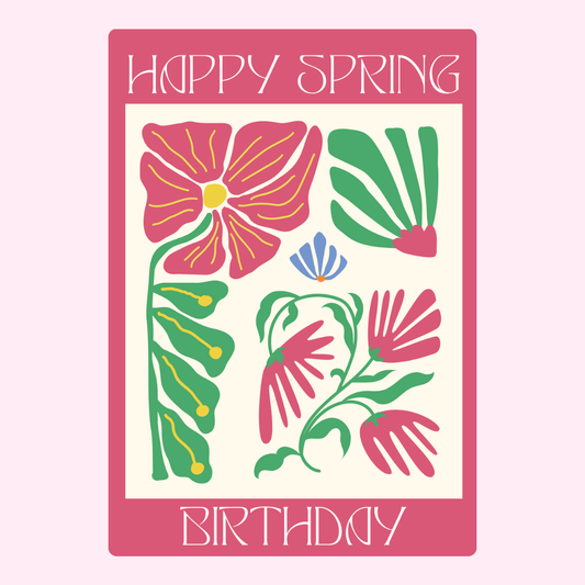 Contemporary Happy Spring Birthday greeting card with abstract pink flowers and botanical illustration