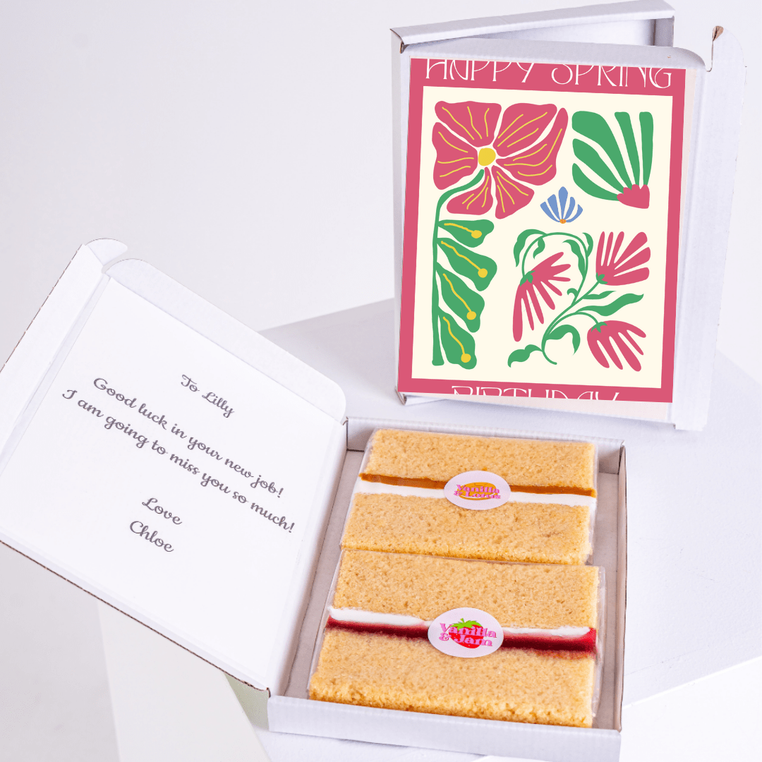 Happy Spring Birthday cake gift box with colourful modern floral artwork and bold spring design