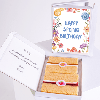Happy Spring Birthday cake gift box with colourful watercolour flowers and cheerful floral border design