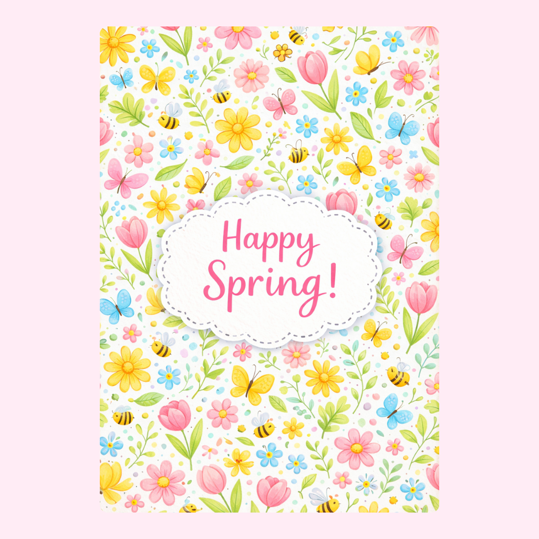 Floral spring greeting card with pastel flowers butterflies bees and bright Happy Spring typography
