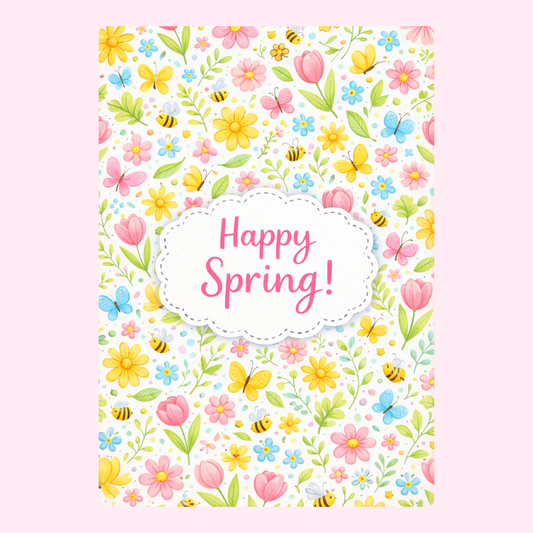 Floral spring greeting card with pastel flowers butterflies bees and bright Happy Spring typography