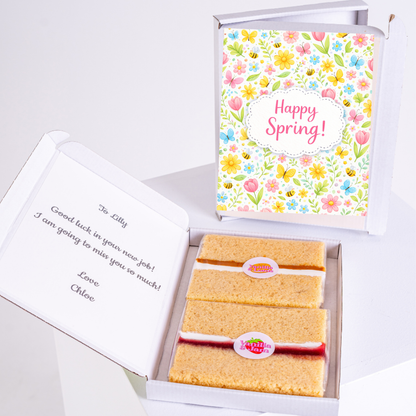 Spring themed cake gift box with colourful flowers butterflies bees and cheerful Happy Spring message